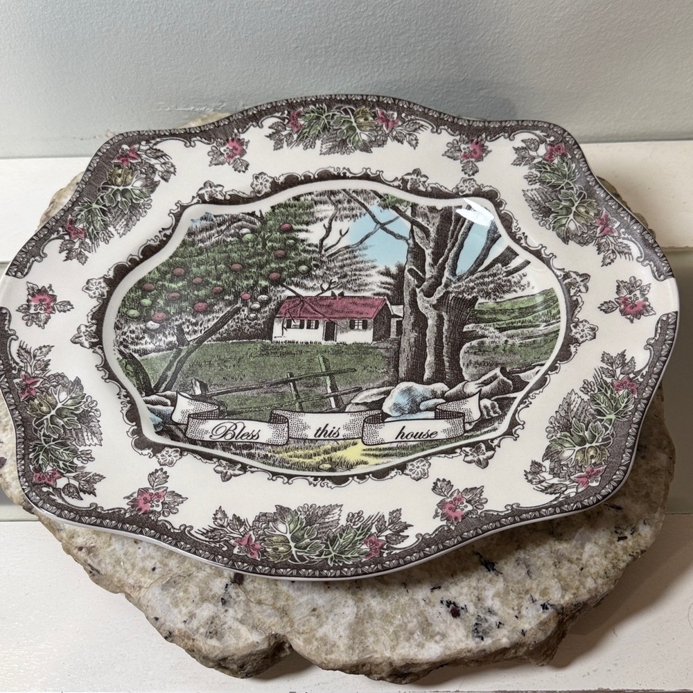 The Friendly Village Bless This House Scalloped Platter Johnson Bros England 11” - Picture 12 of 14